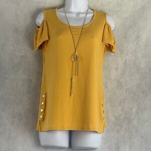 JM Collection Women's Petite Cold-Shoulder Necklace Top, Saffron Gold, PP / PXS